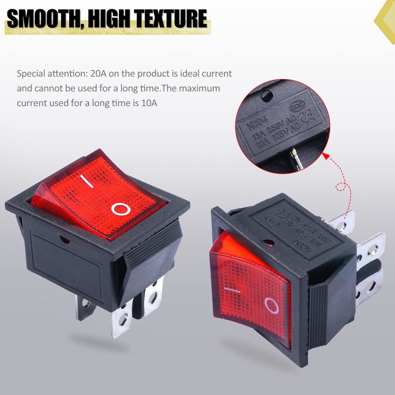 Twidec/2Pcs Rocker Switch AC 10A/125V 6A/250V DPST 4 Pins 2 Position ON/Off Red LED Light Illuminated Boat KCD4 Rocker Switch Toggle KCD2-201N-R - Image 3